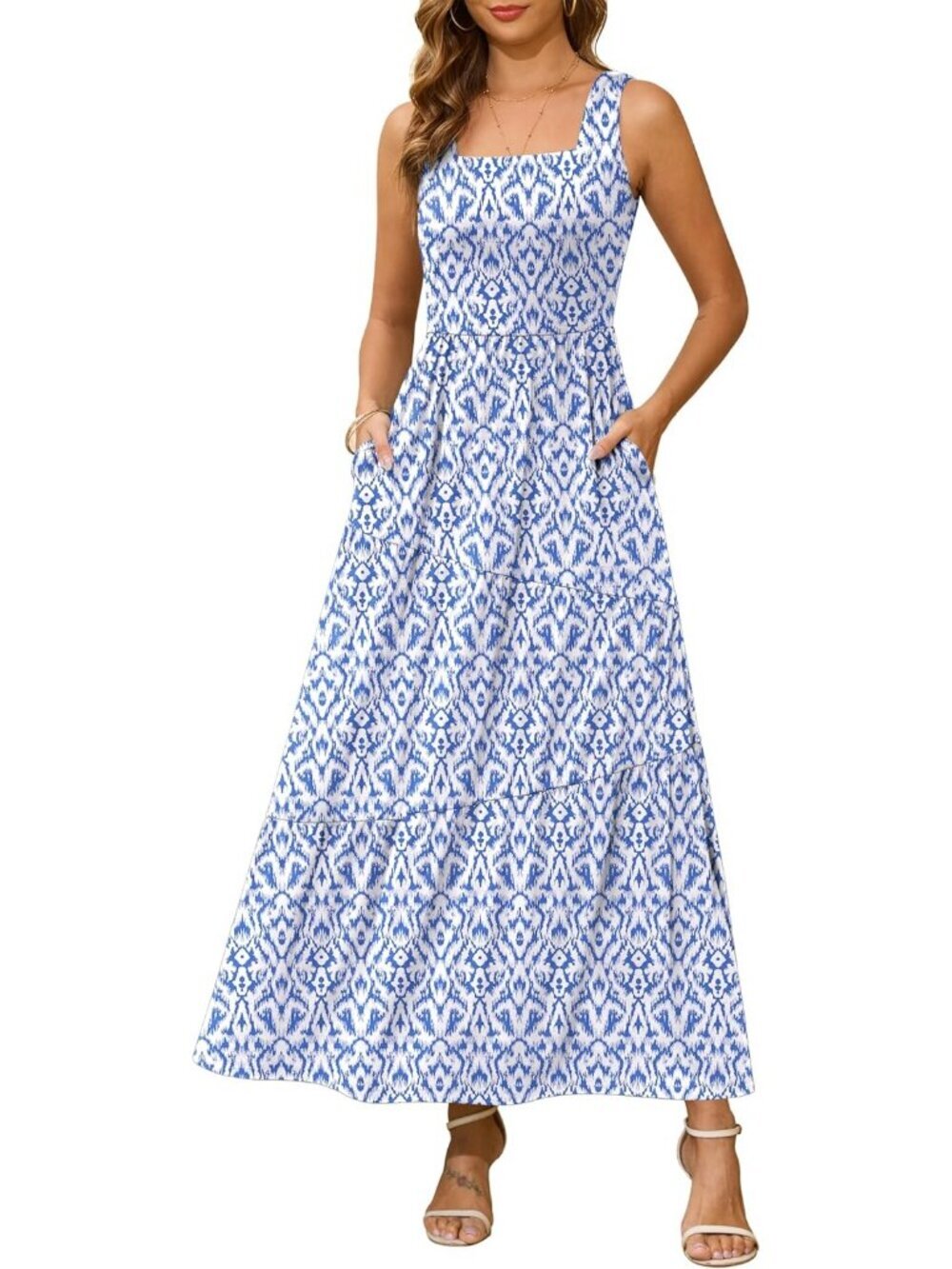 Women's Floral Blue White Long Beach Sundress Square Neck Tank Tiered Maxi Dress - Picture 1 of 6